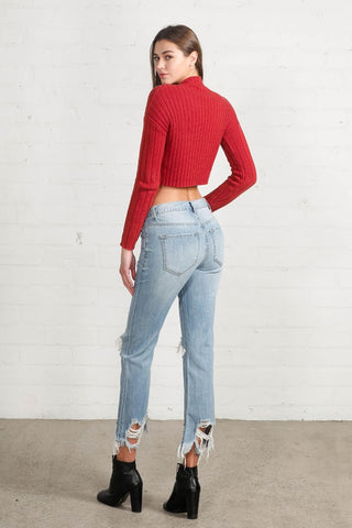 High Waist Ripped Frayed Hem Straight Jeans