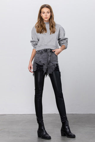 HIGH RISE LEATHER COMBO DENIM PANTS