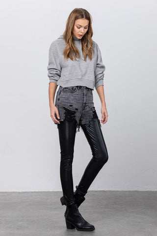 HIGH RISE LEATHER COMBO DENIM PANTS