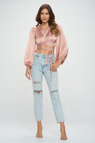 Silky Satin Wrap Crop Top with Tie