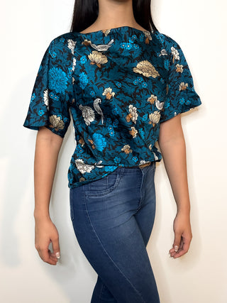 Floral Flounce Sleeve Cowl Neck Top